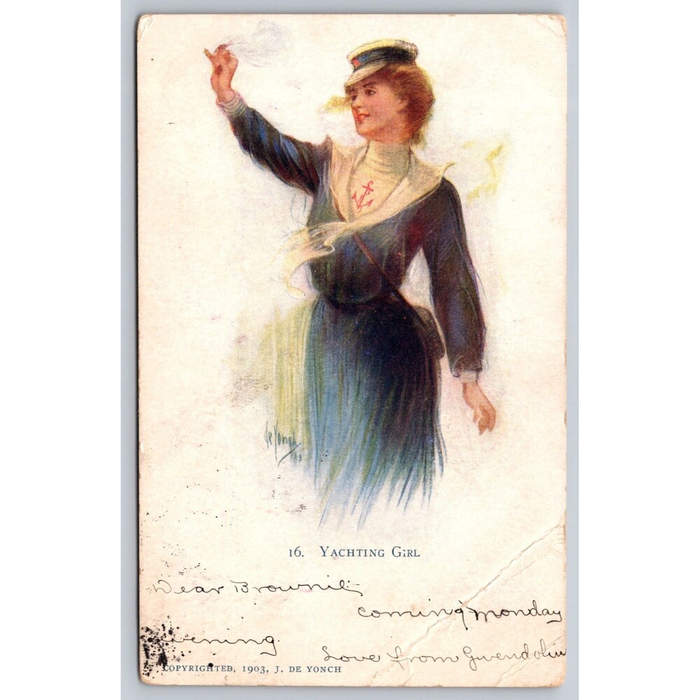 1903 Yaching Girl Postcard J. De Yonch National Art Co 1906 Eastonville CO PM